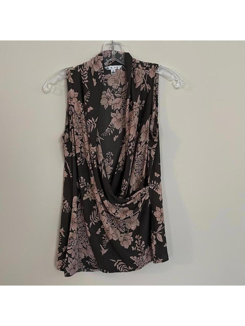 Cabi Brown and Pink Sleeveless Floral Cross front Wrap Style Blouse Top